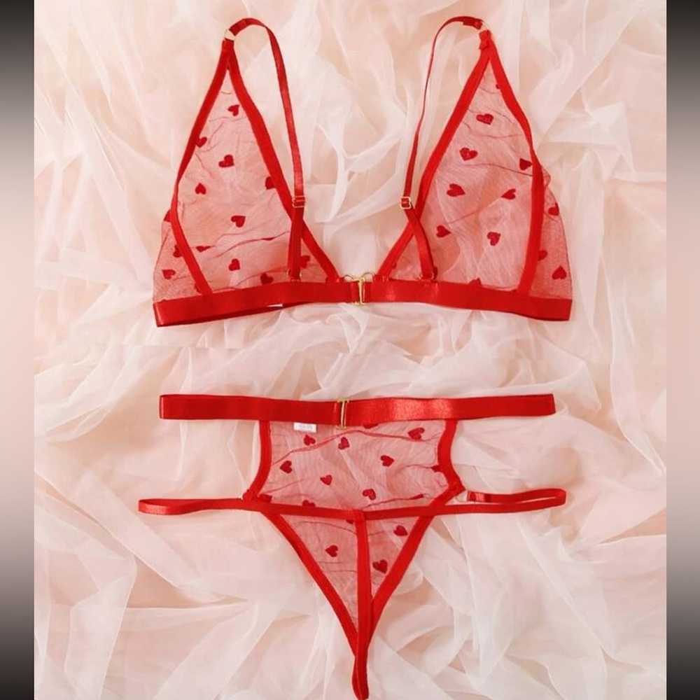 Heart Pattern Mesh Cut-out Lingerie Set